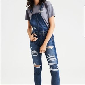 AE Distressed Denim Jegging Overalls